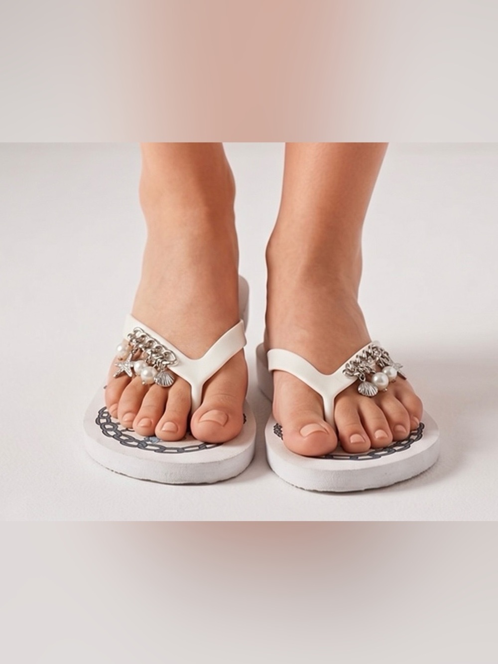 Women's White Embellished Pearl & Starfish Charms Flip Flop Sandals
